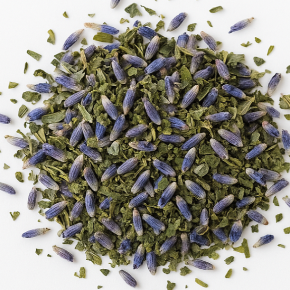 Spice mix with purple and green herbs on a white background