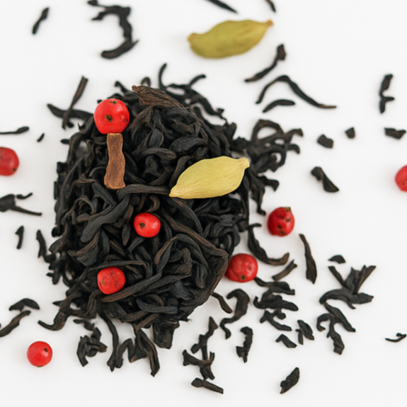 Black tea leaves with red berries and cardamom pods