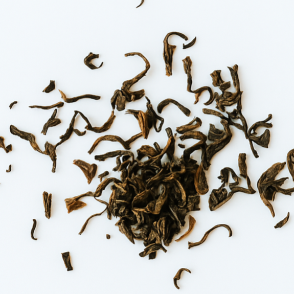 Tea leaves on a white background with 'Chapter One: Breakfast' text