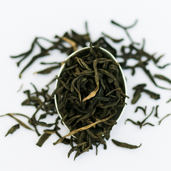 Tea leaves with 'Moonpetal Green' text on a white background