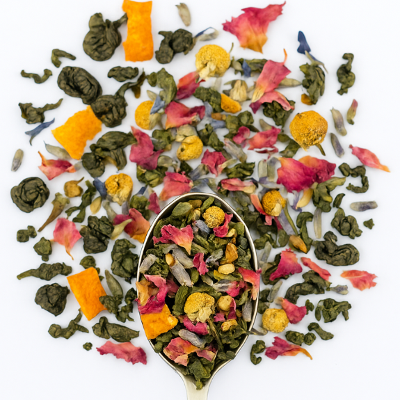 Colorful dried tea leaves and flowers on a white background with a spoon.