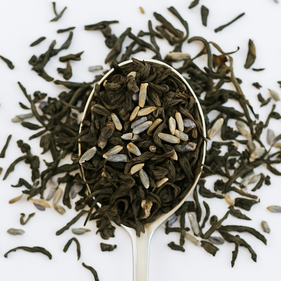 Tea leaves in a spoon on a white background