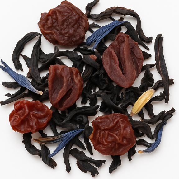 Assorted dried fruits and herbs on a white background