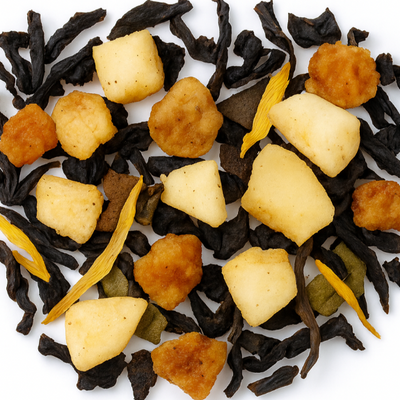Assorted tropical fruit pieces on a white background