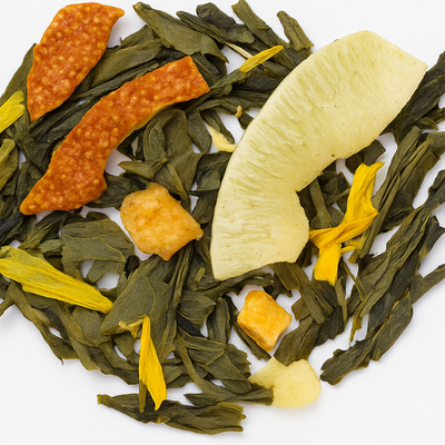 Tea leaves with citrus pieces arranged in a circular pattern on a white background