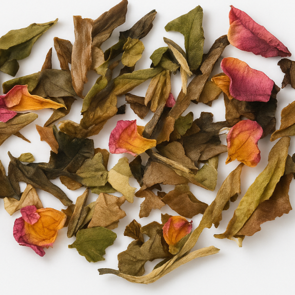 Heart-shaped arrangement of dried leaves and flowers with 'Atlas of the White Shores' text on a white background