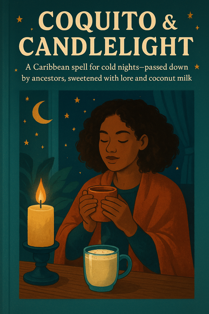 Book cover with a woman holding a cup and candle, titled 'Coquito & Candlelight'.