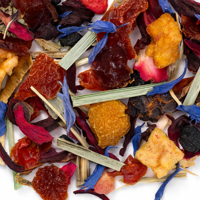 Tea blend with colorful dried herbs and flowers labeled 'Elder Scrolls' on a white background