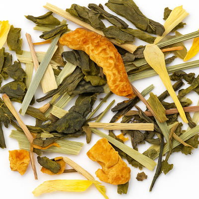 Assorted dried herbs and leaves on a white background with 'ZEST & FOLIO' branding.