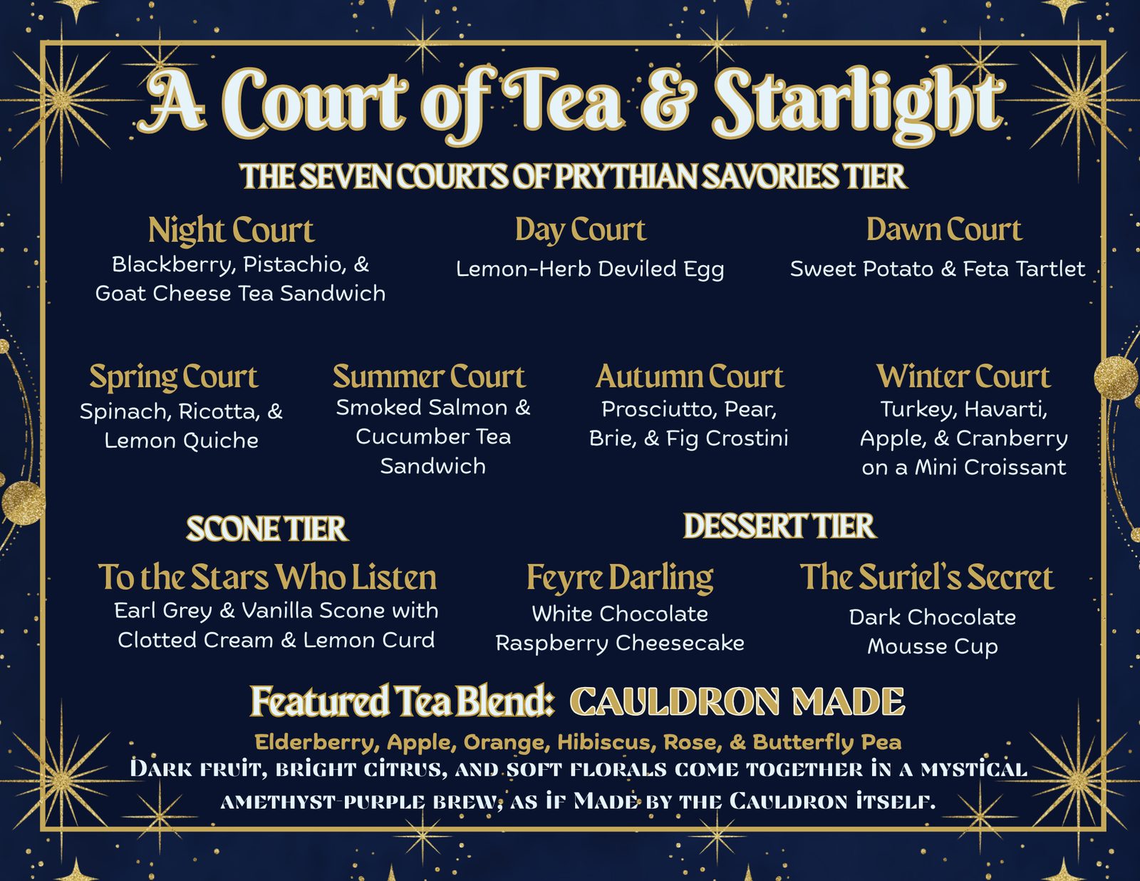 Menu card for A Court of Tea and Starlight listing the Seven Courts of Prythian savories tier, scone tier, dessert tier and the featured tea blend Cauldron Made. Full text follows below.