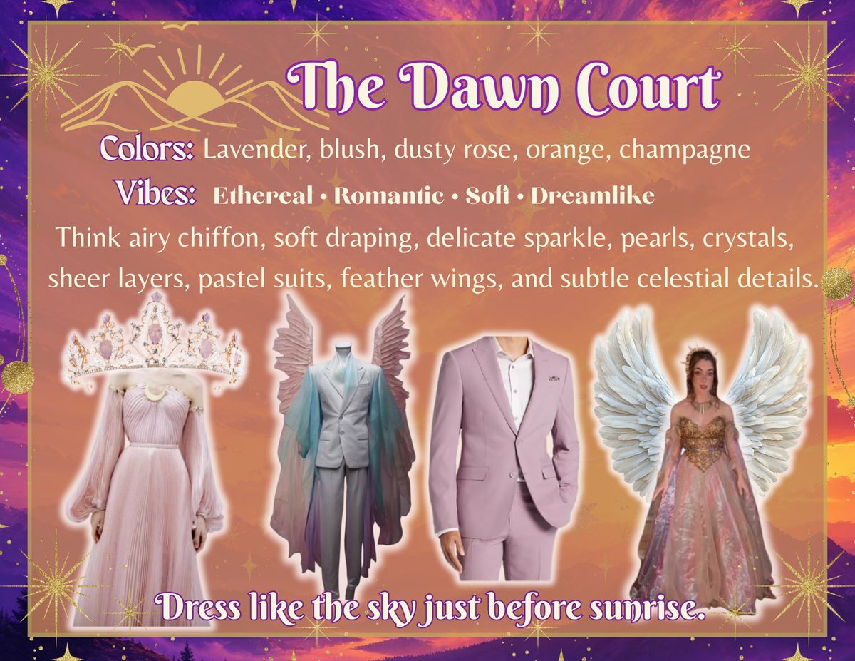 The Dawn Court style card: lavender, blush, dusty rose, orange and champagne. Airy chiffon, soft draping, pearls, crystals, pastel suits and feather wings.