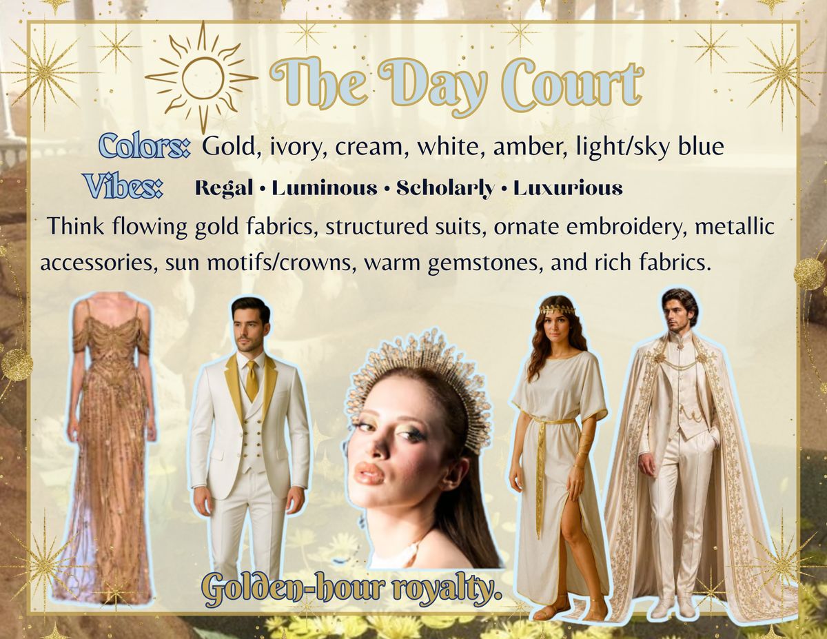 The Day Court style card: gold, ivory, cream, white, amber and light sky blue. Flowing gold fabrics, structured suits, ornate embroidery, sun motifs and crowns.