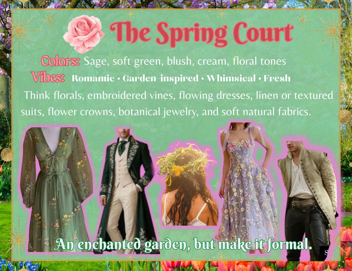 The Spring Court style card: sage, soft green, blush, cream and floral tones. Florals, embroidered vines, flowing dresses, linen suits, flower crowns and botanical jewelry.