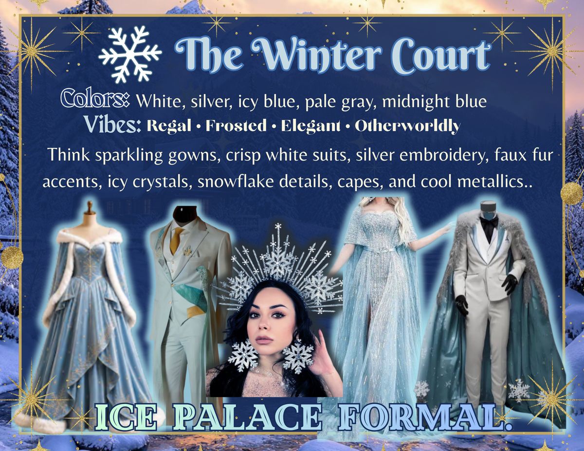 The Winter Court style card: white, silver, icy blue, pale gray and midnight blue. Sparkling gowns, crisp white suits, silver embroidery, faux fur, snowflake details and capes.
