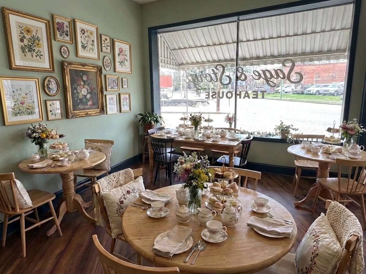 Afternoon tea service at Sage & Story's Teahouse