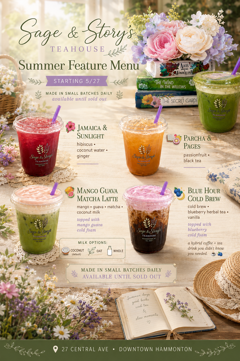 Summer Feature Menu poster featuring Jamaica and Sunlight, Parcha and Pages, Mango Guava Matcha Latte, and Blue Hour Cold Brew.